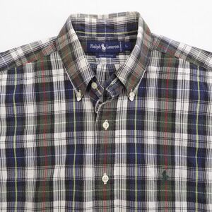Ralph Lauren Mens Seersucker Short Sleeve Plaid Button Down Shirt Green Large